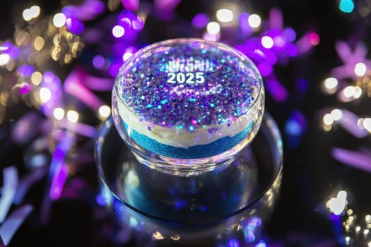 A shimmering decoration for 2025 featuring vibrant glitter atop a clear base surrounded by festive lights and confetti.