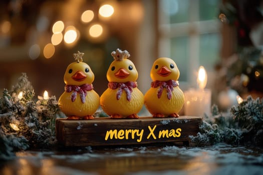 Three cheerful rubber ducks adorned with crowns celebrate Christmas with twinkling lights and decorations in a cozy atmosphere.