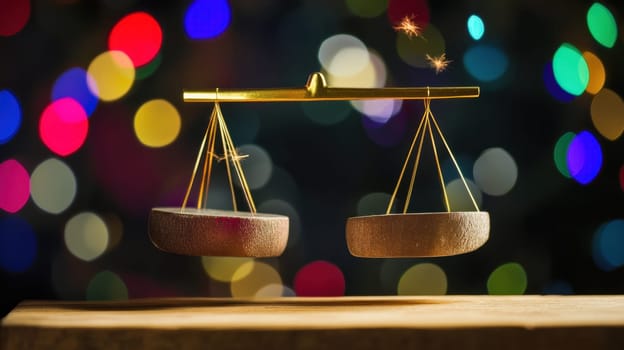 Two balanced scales rest on a wooden surface adorned with vibrant colorful lights that create a festive atmosphere and highlight fairness.