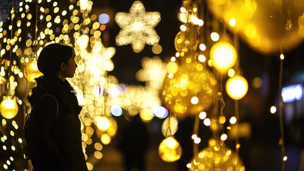 A person admires beautiful decorative lights and ornaments during a winter evening creating a warm and enchanting atmosphere.