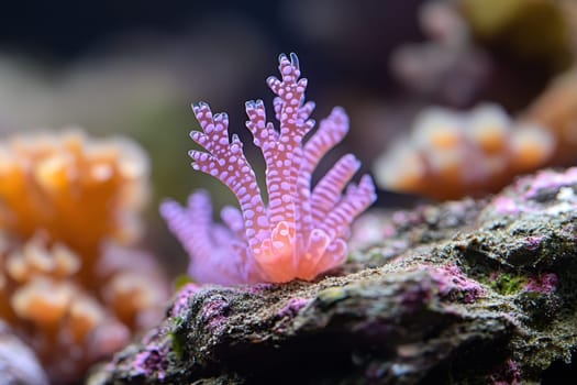 A lively coral formation displays intricate patterns and vibrant colors in a diverse underwater environment thriving with marine life.