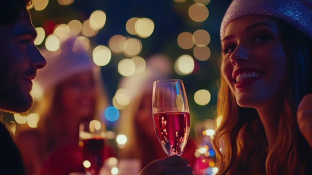 Friends enjoy a cheerful moment together raising glasses filled with sparkling drinks while surrounded by twinkling lights.