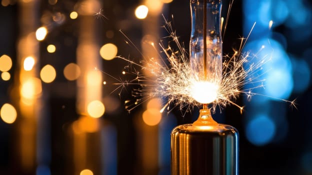 A sparkler bursts with light and sparks during a festive nighttime celebration creating a beautiful display against a dark background.