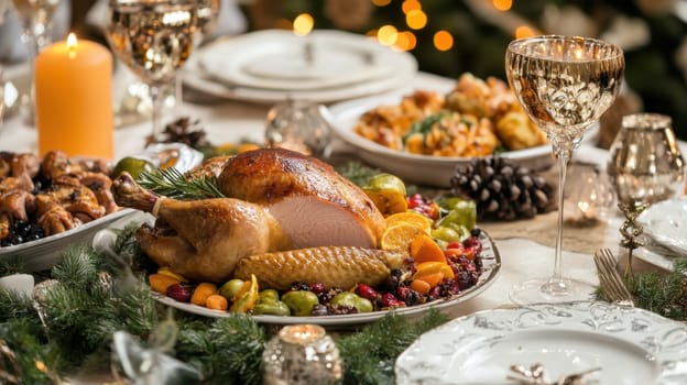 A beautifully set table laden with a golden roast turkey garnished fruits and various festive sides creating a warm holiday atmosphere.