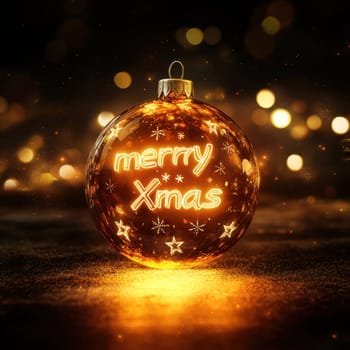 A vibrant golden ornament with merry Xmas lit up surrounded by soft glowing light creating a warm festive atmosphere.