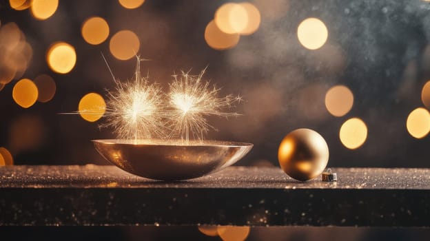 A metallic bowl holds sparklers as a golden sphere and ring are placed nearby creating a vibrant festive atmosphere.
