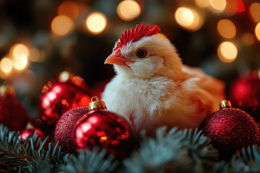 A white bird with a red crown sits among shiny red ornaments on green foliage creating a festive atmosphere during the holiday season.