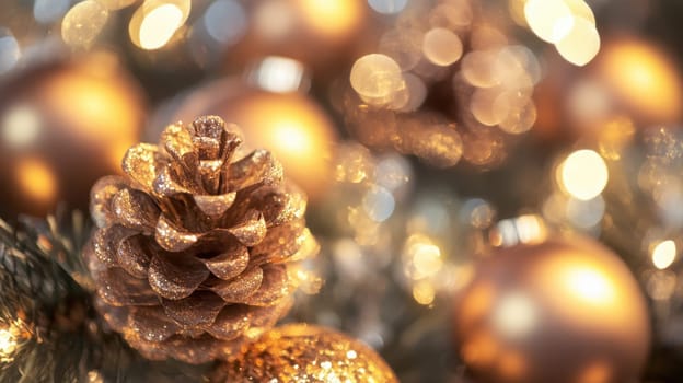 A shimmering golden pine cone decorates a lush tree backdrop surrounded by sparkling ornaments and warm lights during the holiday season.