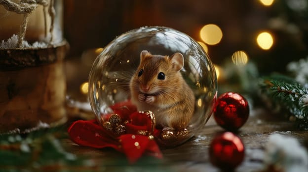 A hamster sits comfortably in a glass ornament surrounded by festive decorations during the holiday season.