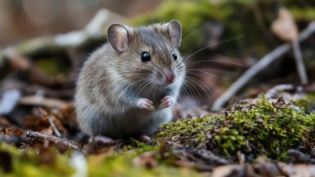 A small rodent is foraging among moss and twigs in a lush forest surrounded by earthy textures and soft lighting showcasing natures beauty.