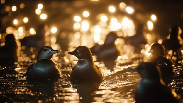 A group of ducks swims in dark water illuminated by twinkling lights in a serene nighttime atmosphere.