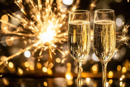 Two flutes filled with sparkling champagne sit against a backdrop of festive lights and sparklers perfect for a celebration.