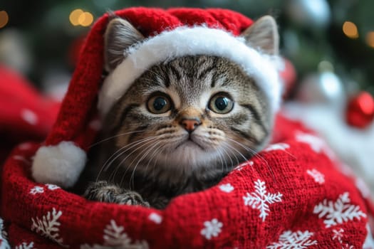A playful kitten wearing a red Santa hat sits nestled in a cozy blanket surrounded by holiday decorations and lights.
