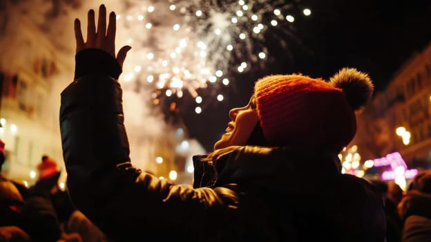 A joyful person celebrates New Years Eve gazing at colorful fireworks lighting up the night sky in an urban setting.