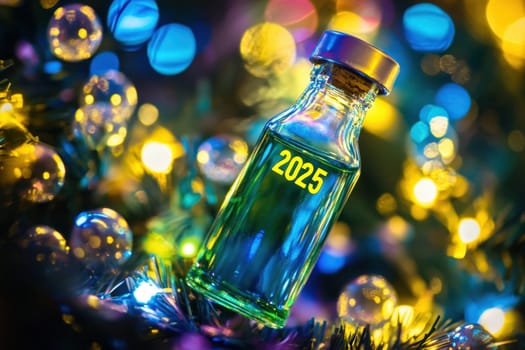 A glass bottle marked with 2025 shines brightly amidst colorful lights on a holiday tree creating a cheerful atmosphere.