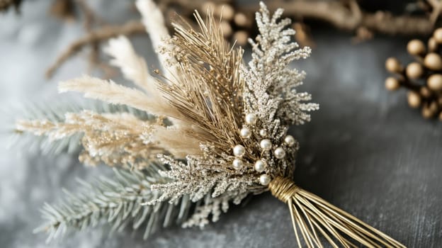 An elegant dried floral arrangement features delicate blooms and greenery perfect for enhancing winter home decorations and celebrations.