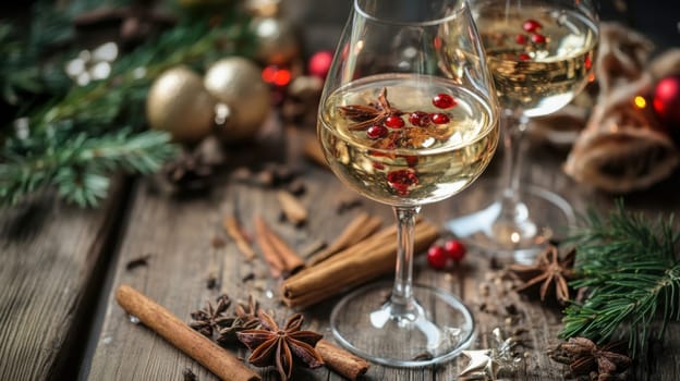Two glasses of spiced holiday drinks sit on a wooden table surrounded by festive decorations and seasonal ingredients.