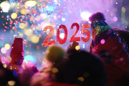 Crowds celebrate the arrival of 2025 with colorful confetti festive hats and bright lights at a lively outdoor event.