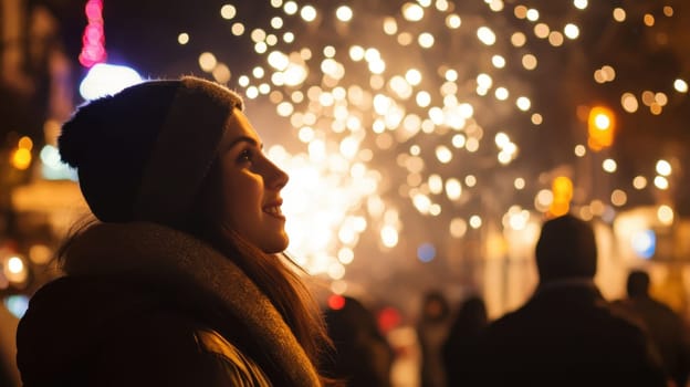 A young woman smiles as she watches vibrant fireworks illuminate the night sky during a winter celebration with a festive crowd.