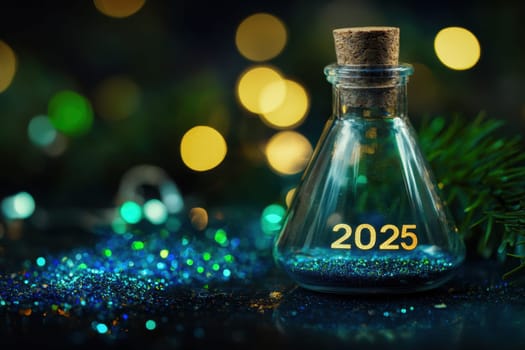 A decorative bottle filled with glitter shows the year 2025 hinting at celebration and new beginnings amid festive lights.
