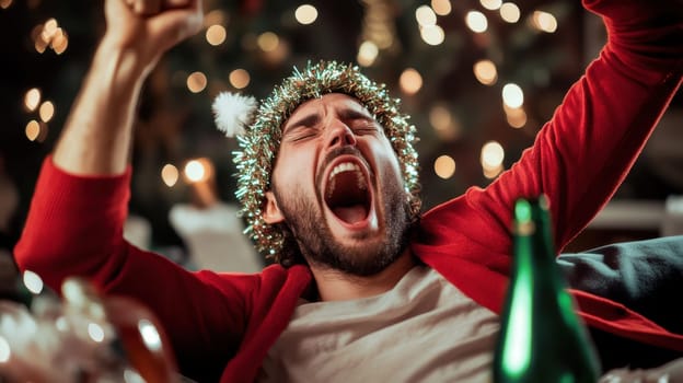 A person wearing a sparkling headband is cheering passionately during a joyful holiday celebration with decorations.