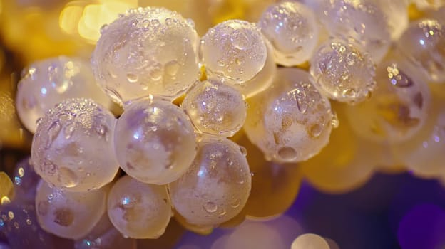 Glimmering grapes adorned with droplets sparkle in the early morning light showcasing natures beauty and freshness in a serene setting.