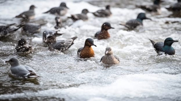 A variety of ducks and seagulls are swimming in a river with bubbling water during a cold winter day.