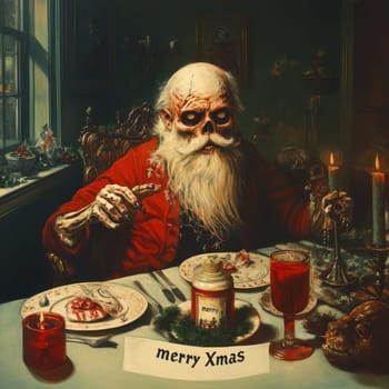 An eerie Santa Claus with a skeletal face enjoys a festive dinner complete with Christmas decorations and candles.