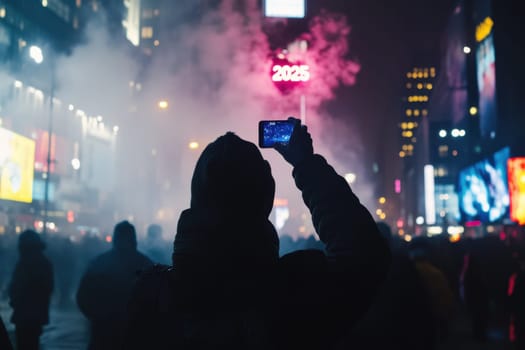 Crowds gather in Times Square at midnight capturing the New Year 2025 celebration with their smartphones as fireworks light the sky.