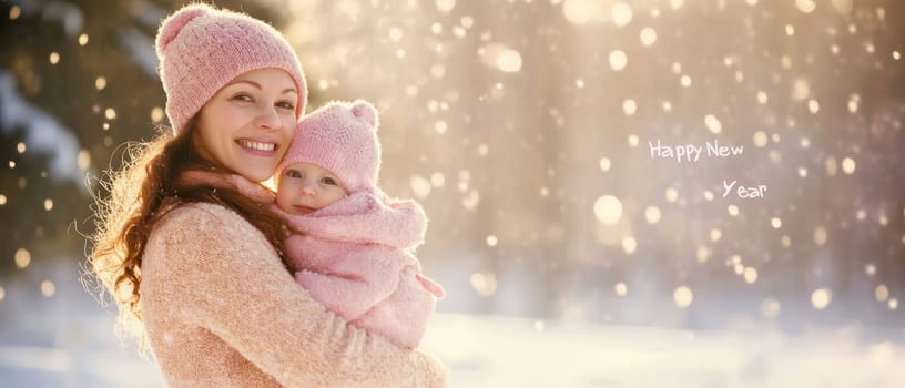 A mother holds her baby both dressed warmly while snowflakes fall around them in a winter wonderland.