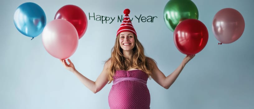 A joyful pregnant woman stands in front of a wall holding colorful balloons and wearing a festive hat while celebrating the New Year.