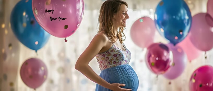 A joyful pregnant woman stands among colorful balloons celebrating the New Year with happiness and anticipation for her upcoming arrival.