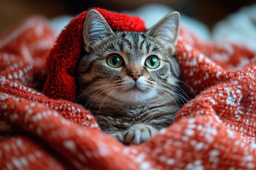 A tabby cat with bright eyes relaxes comfortably in a soft red blanket enjoying a cozy moment indoors on a chilly day.
