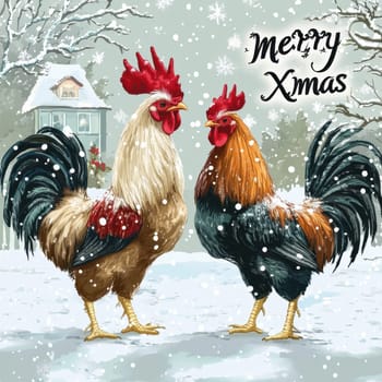 Two colorful roosters stand in the snow with festive snowfall around them celebrating the spirit of Christmas in a winter wonderland.