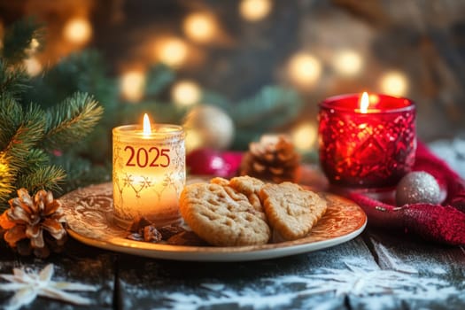 A cozy setup features a plate of cookies alongside candles creating a warm atmosphere for holiday celebrations in 2025.