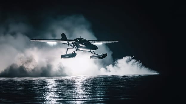 A seaplane lifts off smoothly from the waters surface creating a misty spray under a moonlit sky.