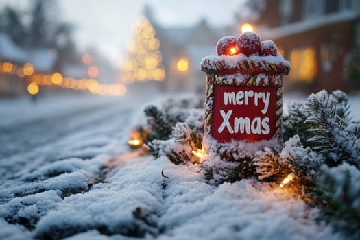 A festive decoration reads merry Xmas amidst a snowy landscape with twinkling lights and a cozy atmosphere of a winter night.