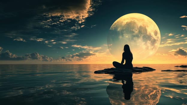 A silhouette of a person sits on a rock by the calm sea gazing at a large full moon glowing at sunset.