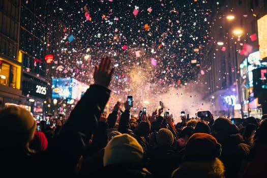 A large crowd gathers in a bustling city square to welcome the New Year cheering and enjoying the festive atmosphere filled with confetti.