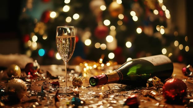 A festive setting featuring a glass of champagne beside an open bottle. Colorful decorations and lights create a celebratory mood.