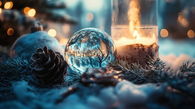 A beautifully arranged winter scene showcases a glowing candle and a glass ornament amidst pinecones and snow creating a festive atmosphere.