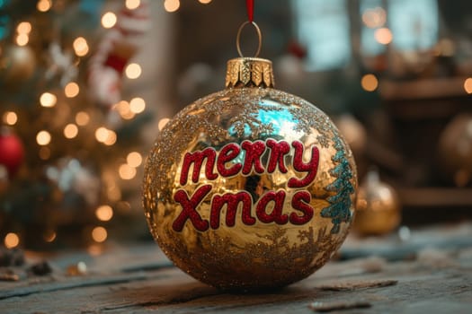 A detailed golden ornament with Merry Xmas written on it sparkles in front of a beautifully lit Christmas tree in a cozy setting.