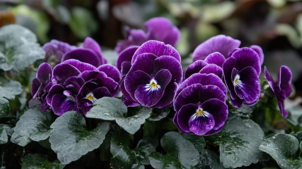 A cluster of purple pansies showcases their vibrant colors amidst lush green leaves in a sunny garden setting.