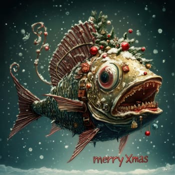 A uniquely decorated fish swims through a snowy background wearing festive ornaments and a Christmas tree on its head.