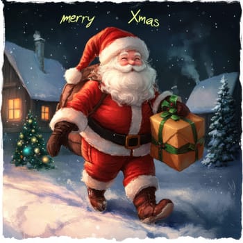 Santa Claus joyfully walks through a snowy scene carrying a gift. Festive decorations illuminate the cozy homes around him.