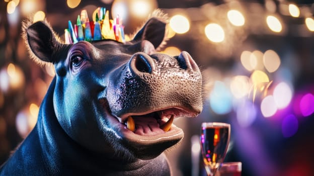 A cheerful hippo dons a colorful crown while enjoying a drink at a lively party with sparkling lights in the background.