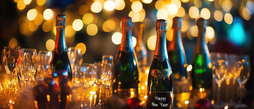 Bottles of champagne are elegantly arranged on a festive table adorned with twinkling lights ready for New Year celebrations.