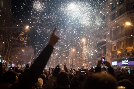 A large crowd gathers to celebrate New Years Eve enjoying fireworks lighting up the night sky amidst an atmosphere of excitement.