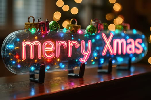 A vibrant neon sign displays the message Merry Xmas surrounded by colorful lights evoking a warm holiday spirit in a cozy setting.