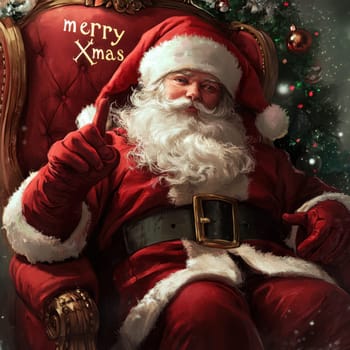 A jolly Santa Claus in a red suit entertains children in a cozy holiday atmosphere filled with decorations and a Christmas tree.